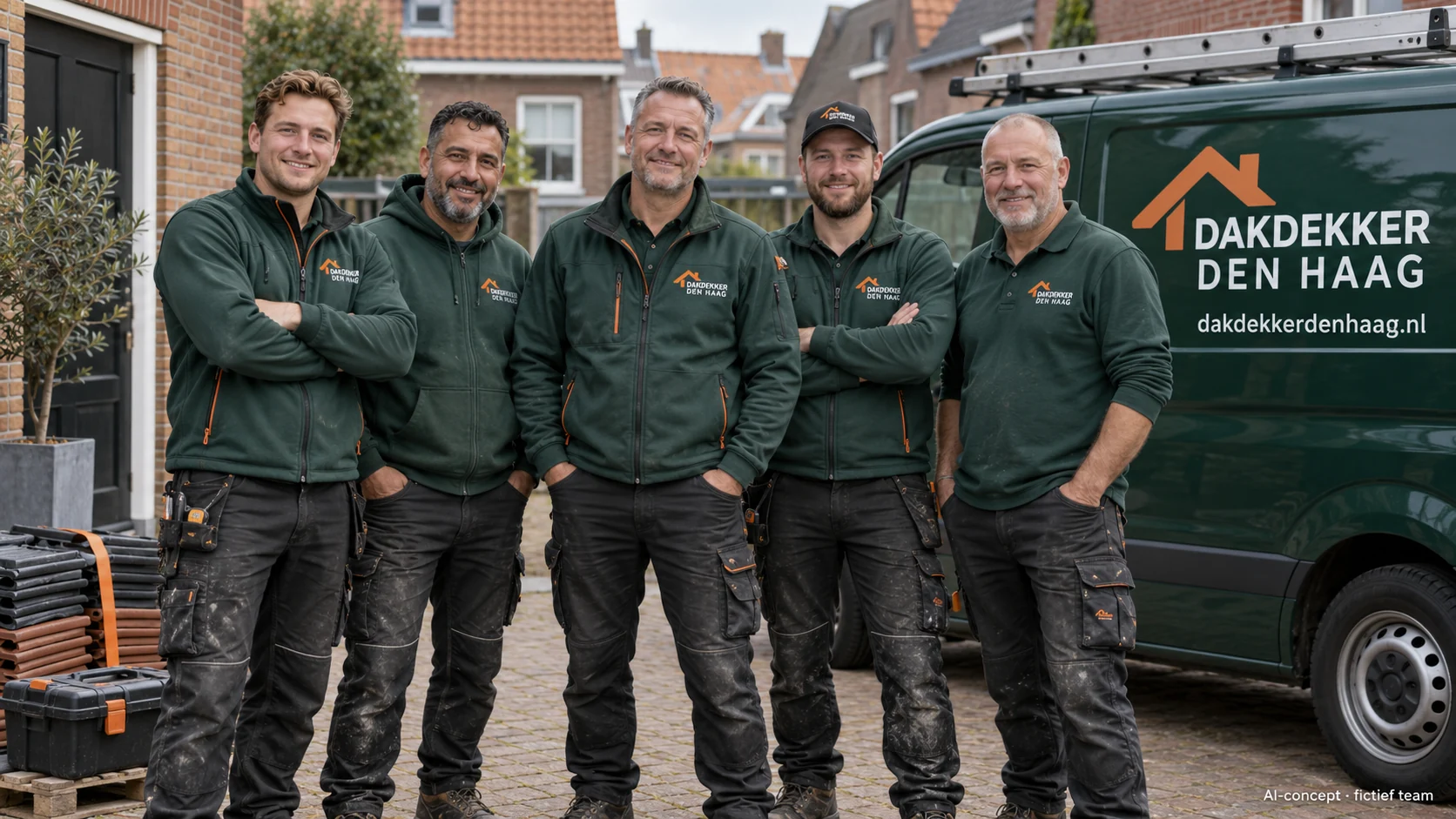 Illustratief AI-teambeeld met donkergroene werkkleding en Dakdekker Den Haag-logo